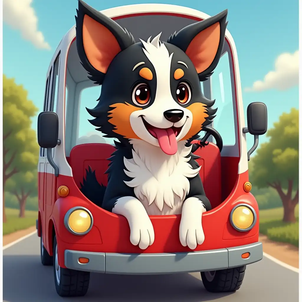 A cute Border Collie riding a bus, cartoon stickers. Anime 3D style, hyper-realistic oil painting, ultra-high resolution, best quality, 8K