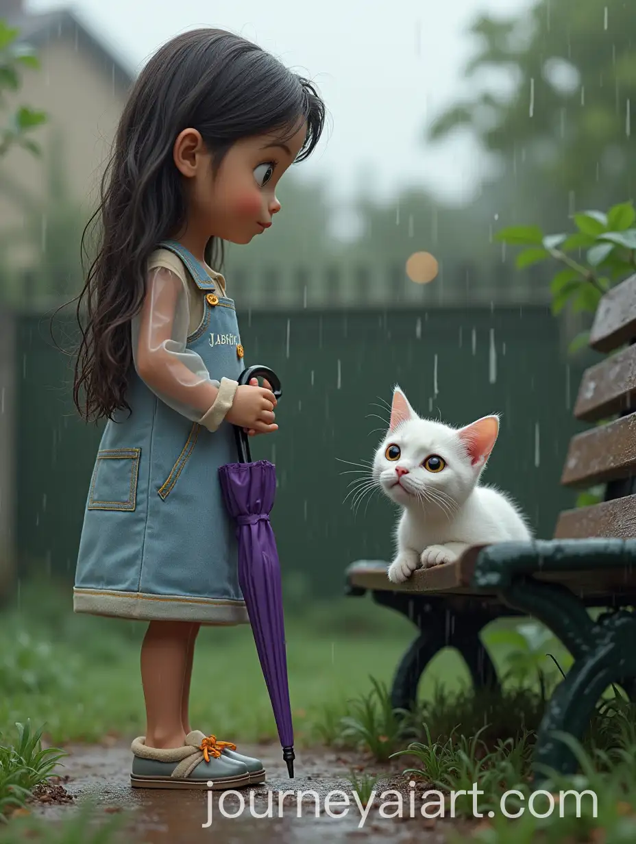 Young-Girl-with-Purple-Umbrella-and-White-Cat-in-Rainy-Garden