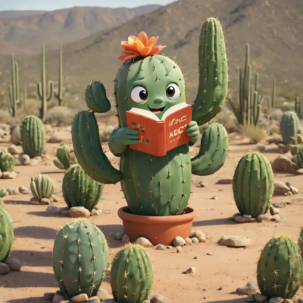 Cartoon Cactus Reading ABCs in New Mexico