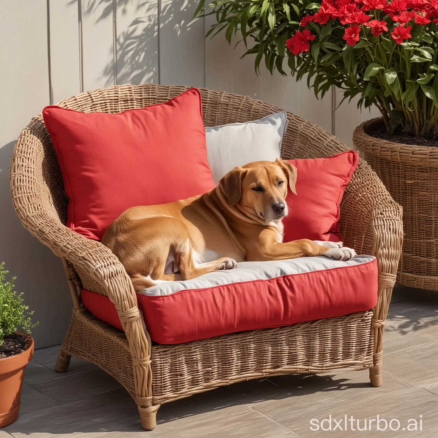 Patio-Deck-Scene-with-Dog-Sleeping-on-Wicker-Chair-and-Red-Cushions