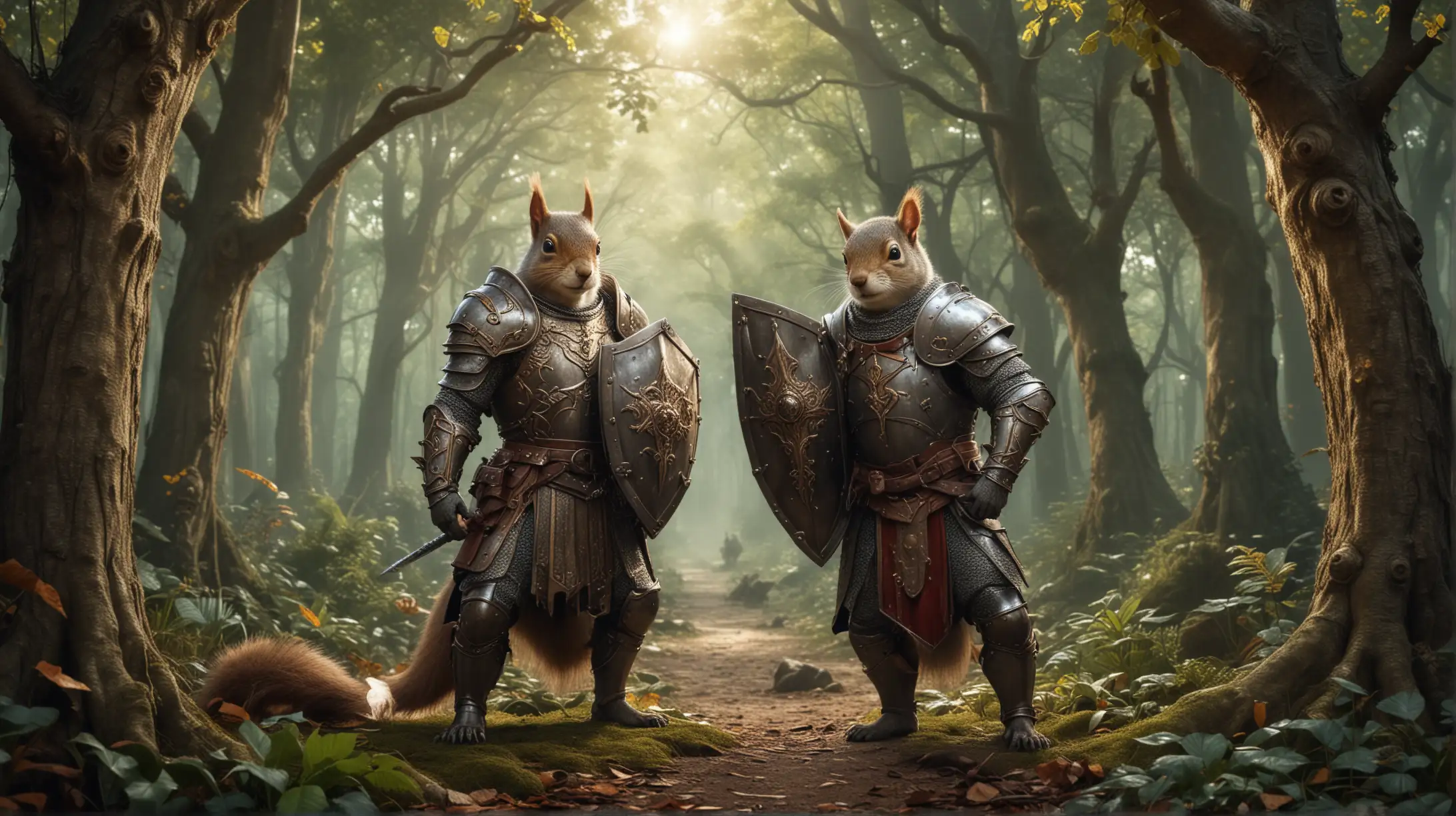 Fantasy Jungle Scene with Squirrel Knight in Medieval Armor and Shield