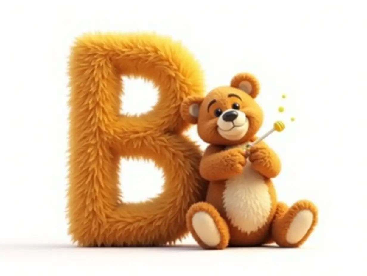 Big Letter 'B' stands in the center, next to it on the right is a small letter 'b'. Letters with teddy bear fur. A fluffy, funny, cute, silly bear is sitting behind the letters, eating honey from a jar. PIXAR style, 3-D, high detail, white isolated background