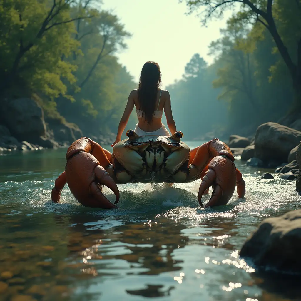 made me an amazing picture: a beautiful woman, riding a giant crab, in a wide, rocky river, the water looks clear, in an old forest. Very dramatic. clear sky, natural light rays, realistic view, front focus shooting, camera screen, cinema, 8K 3D 9:19 ratio size