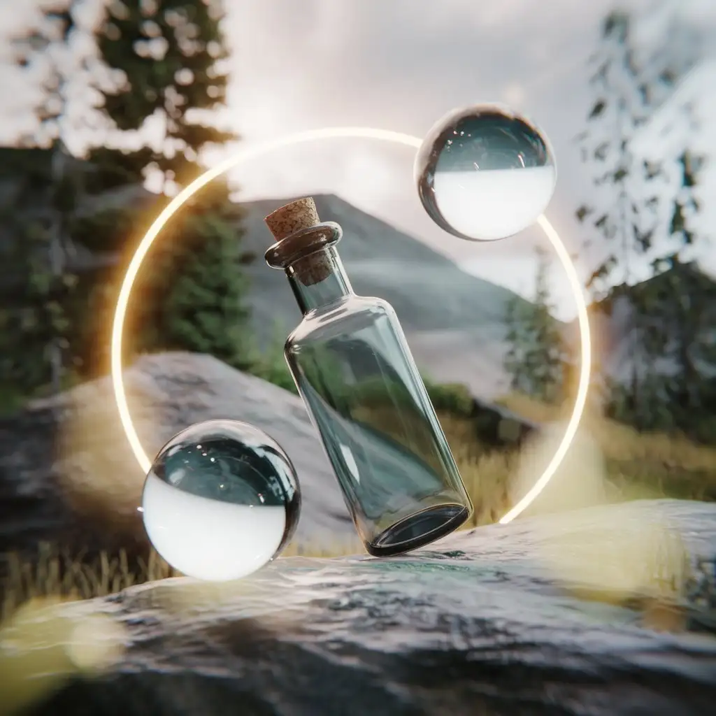 Bottle-and-Two-Balls-with-3D-Special-Effects-in-Nature-Setting