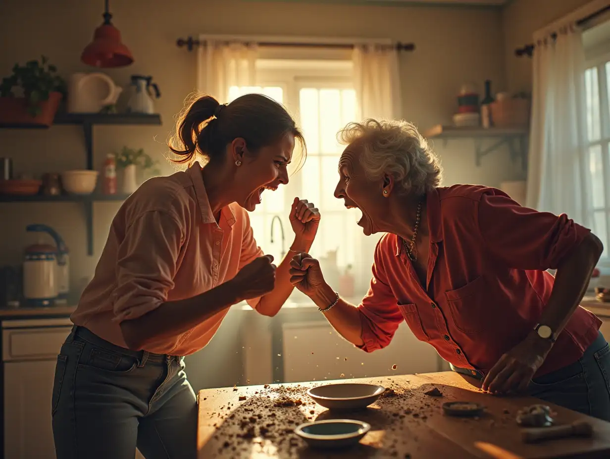 A young woman of 30 years old and an old woman of 50 years old are fighting very strongly, red with rage, breaking dishes, kicking each other out of the kitchen, maximum realism, detailing