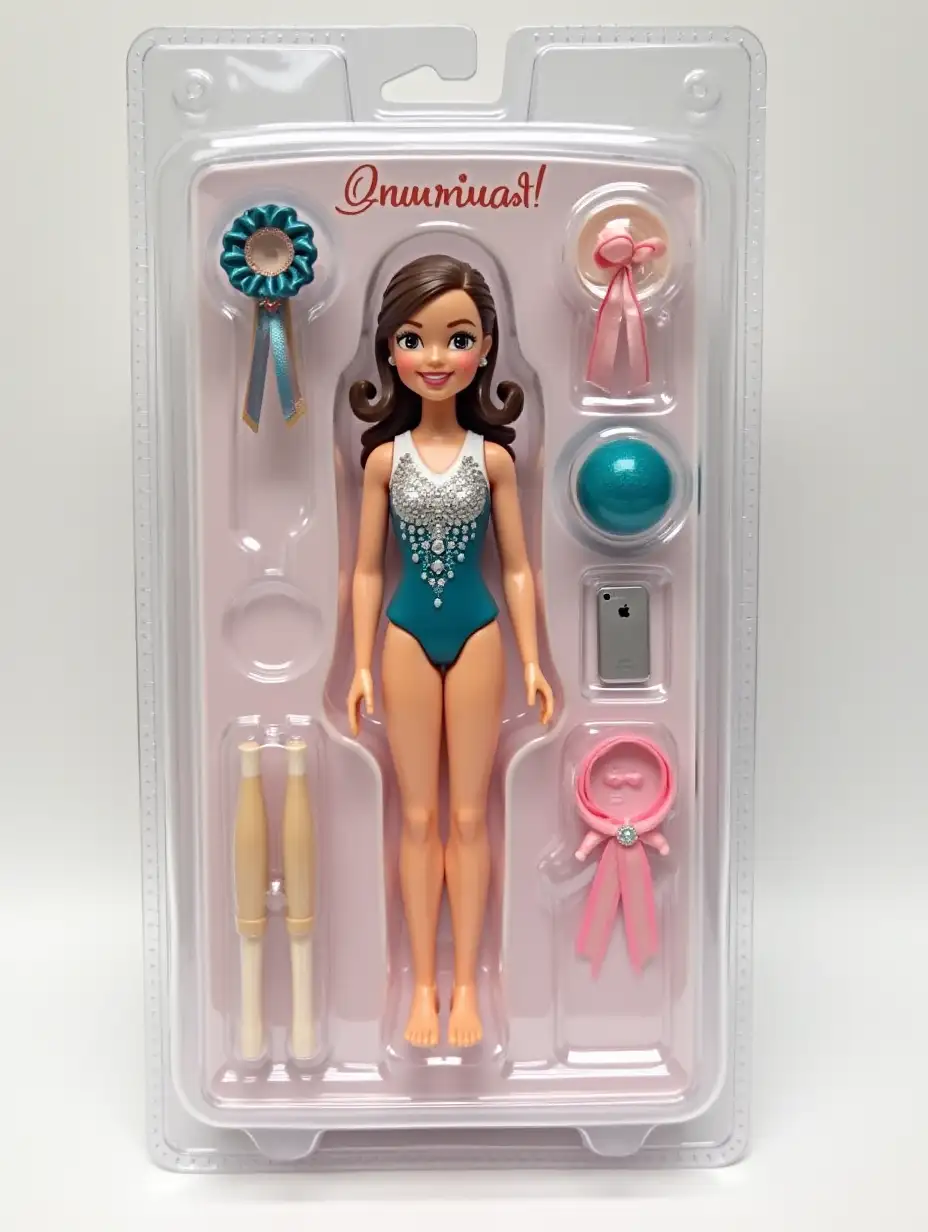 Use this photo of mine to create your own figure in a blister pack in the style of a premium class collectible toy. The figure should be standing and smiling casually and friendly. On the blister pack there should be a title with the text [Gymnast Doll], written in capital letters. Accessories should be indicated in side sections of the drawing: [ribbon for artistic gymnastics, ball for artistic gymnastics, clubs for artistic gymnastics, iPhone].