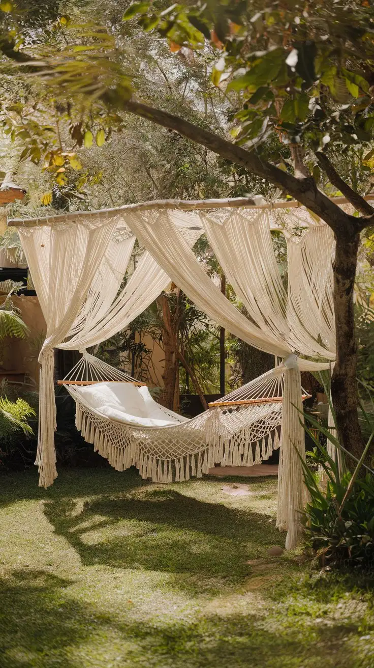 Wide shot, outdoor bohemian garden, hammock suspended between trees, a canopy draped above the hammock for shade and privacy, using natural cotton fabric and macrame details, lush green garden setting, sunlight dappling through the leaves, peaceful and secluded outdoor space, focus on the hammock and canopy integration, real garden setting, daytime.