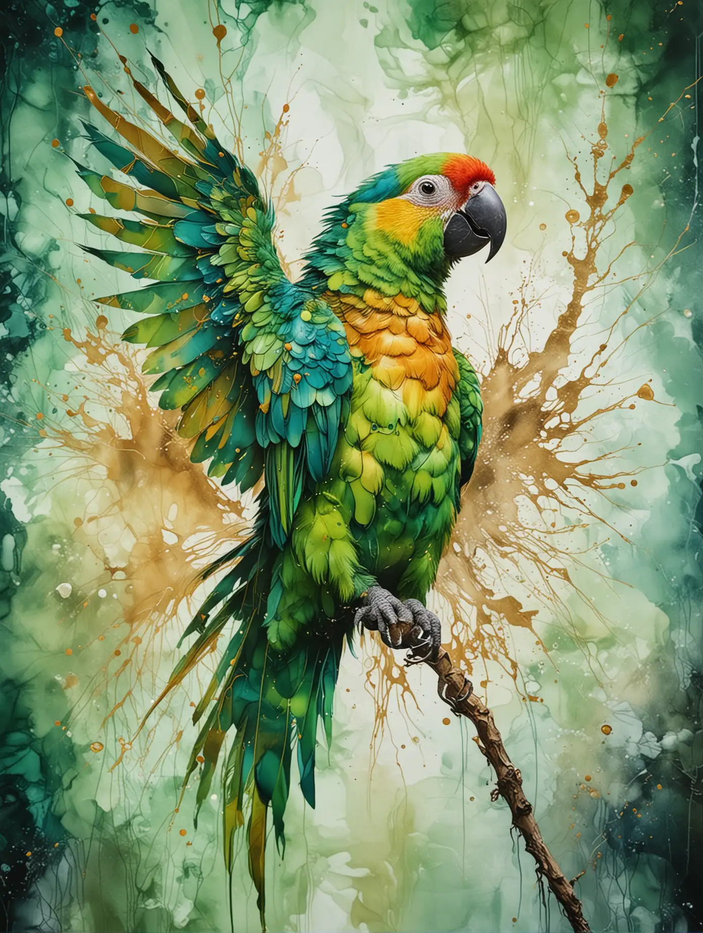 Vibrant Green Parrot Alcohol Ink Painting with Golden Cracks
