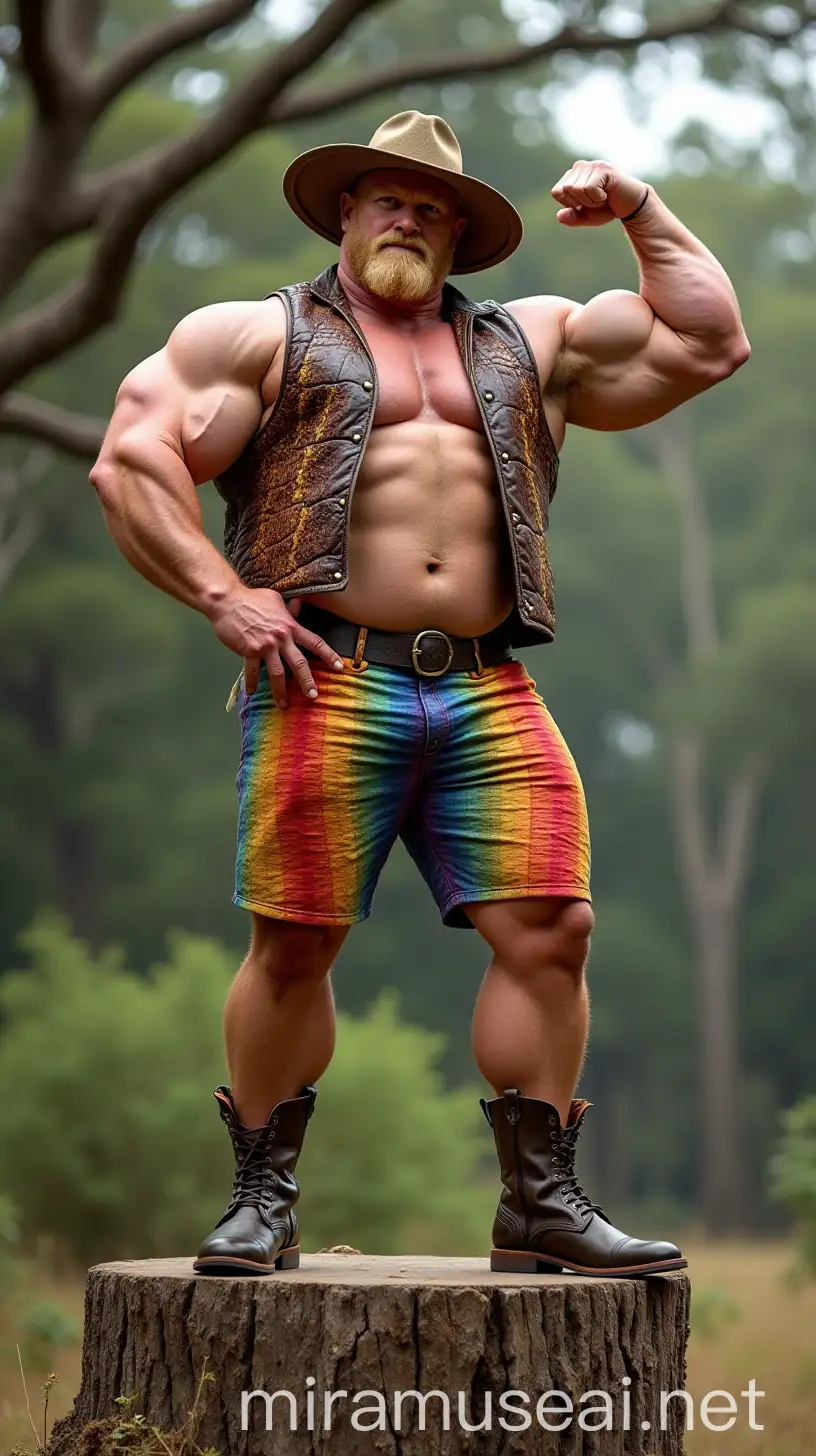 Muscular Bodybuilder Daddy Flexing on Stump with Rainbow Shorts and Akubra Hat