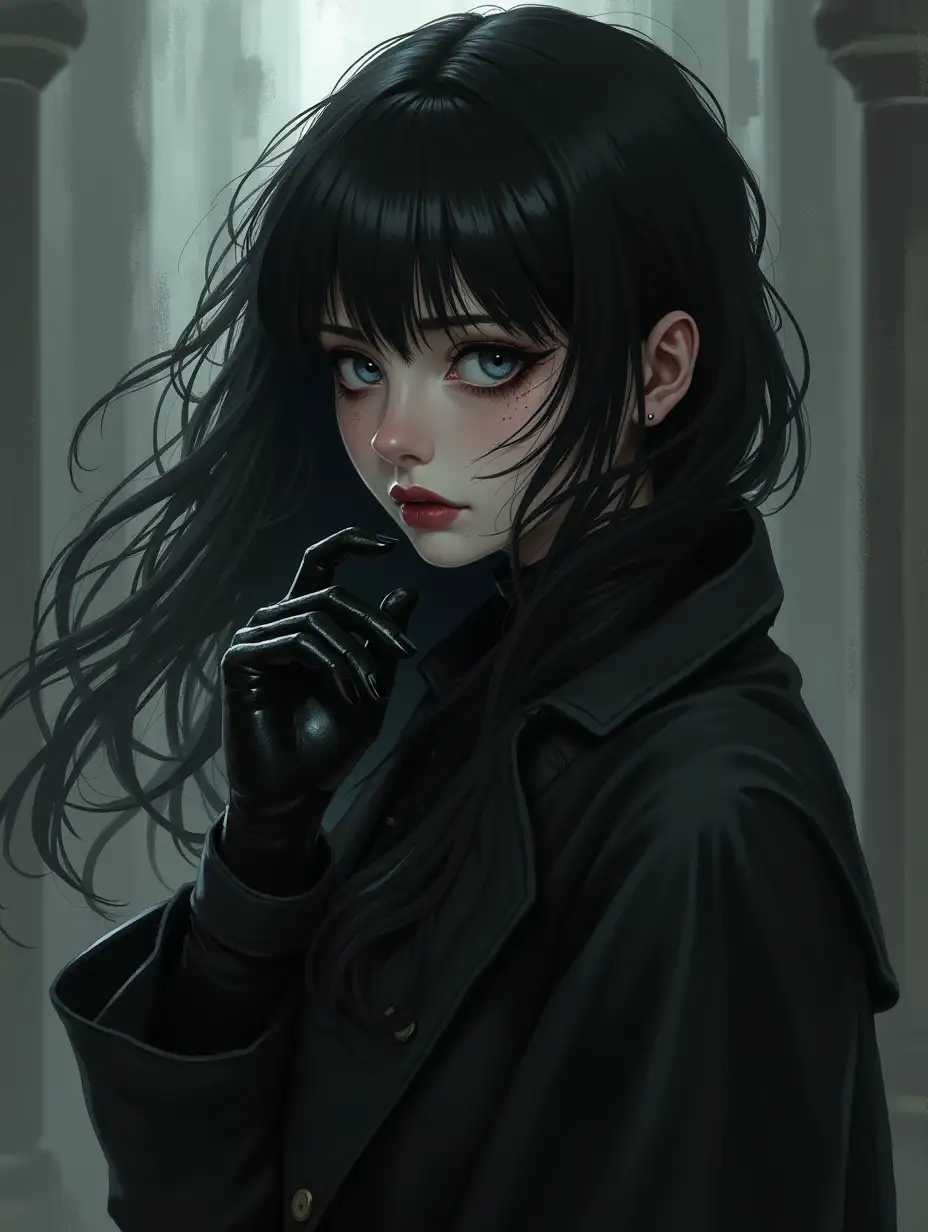 Brutal anime splatterpunk woman, gothic, black hair, portrait, Victorian, trench, black leather gloves without nails, grey eyes, long hair, poster portrait, gothic, intricate composition, artistic anime picture, volumetric light, sideways, atmospheric, from above light angle, masterpiece, dynamic angle, by Antonio J. Manzanedo