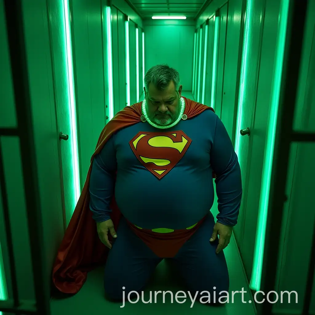 Obese-Old-Man-in-Superman-Costume-Kneeling-in-Neon-Prison-Cell
