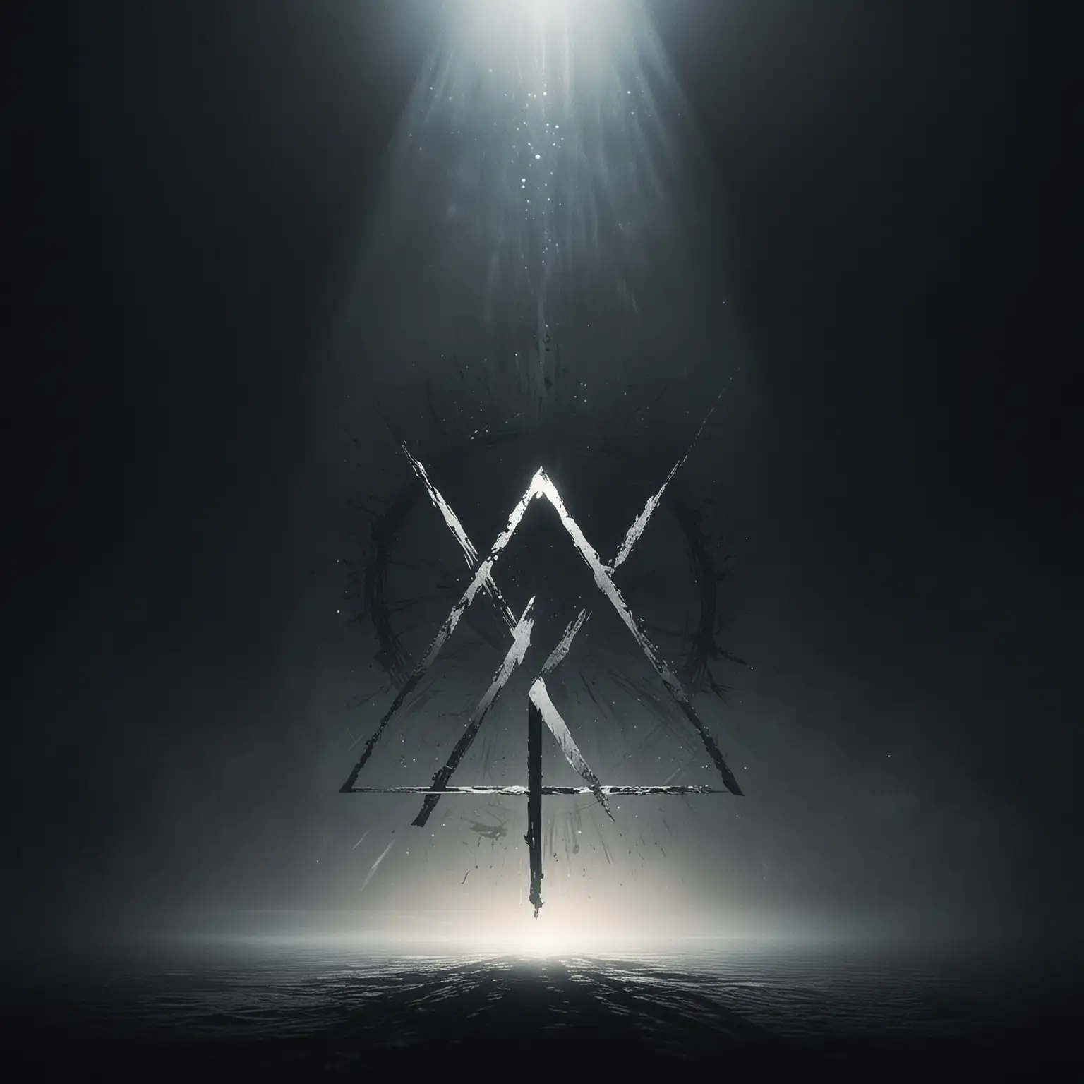 A dark, minimalistic background with subtle, abstract patterns. In the center, a glowing, cryptic symbol or rune, partially obscured by shadow. The symbol is surrounded by a faint, ethereal mist, with soft beams of light breaking through. The overall vibe is mysterious, slightly futuristic, and enigmatic, inviting curiosity and deeper exploration.