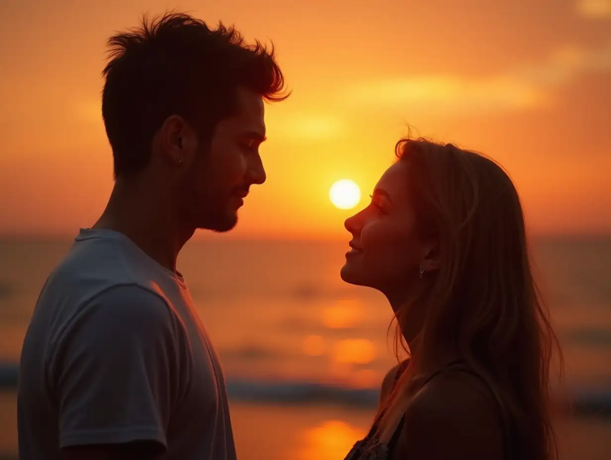 I want a realistic, creative and attractive visual board where the guy is giving adorable and loving look to the female while she is looking at the sunset, should be very realistic.