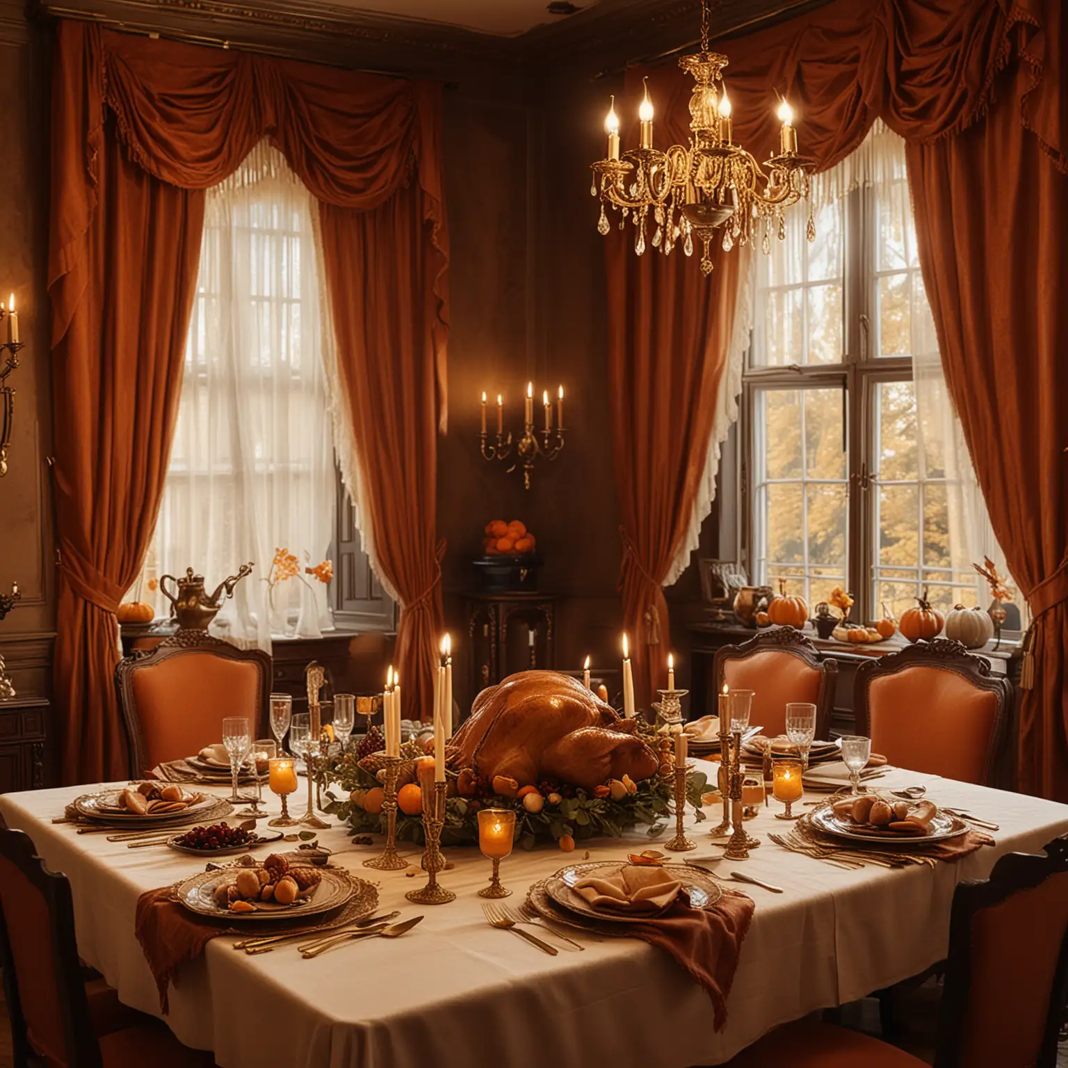 Candlelit Thanksgiving Dinner in Royal Dining Room with Gold Cutlery and Rust Orange Curtains