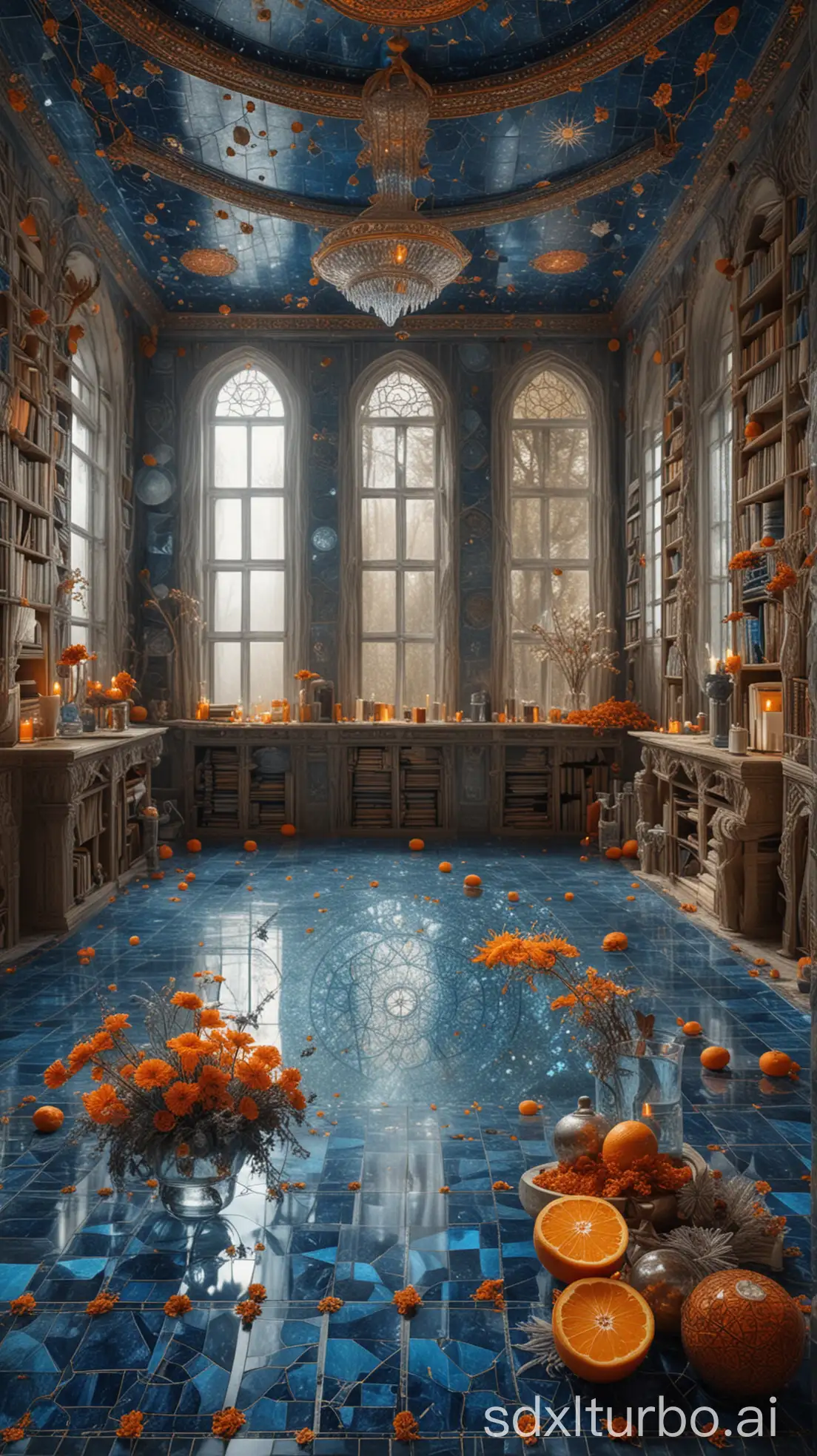 a vast luxury alien hall in fantasy style,  glass cups, dried flowers, books, sun mandalas in blue mosaic floor, oranges, peaceful, cold nordic atmosphere, highly detailed