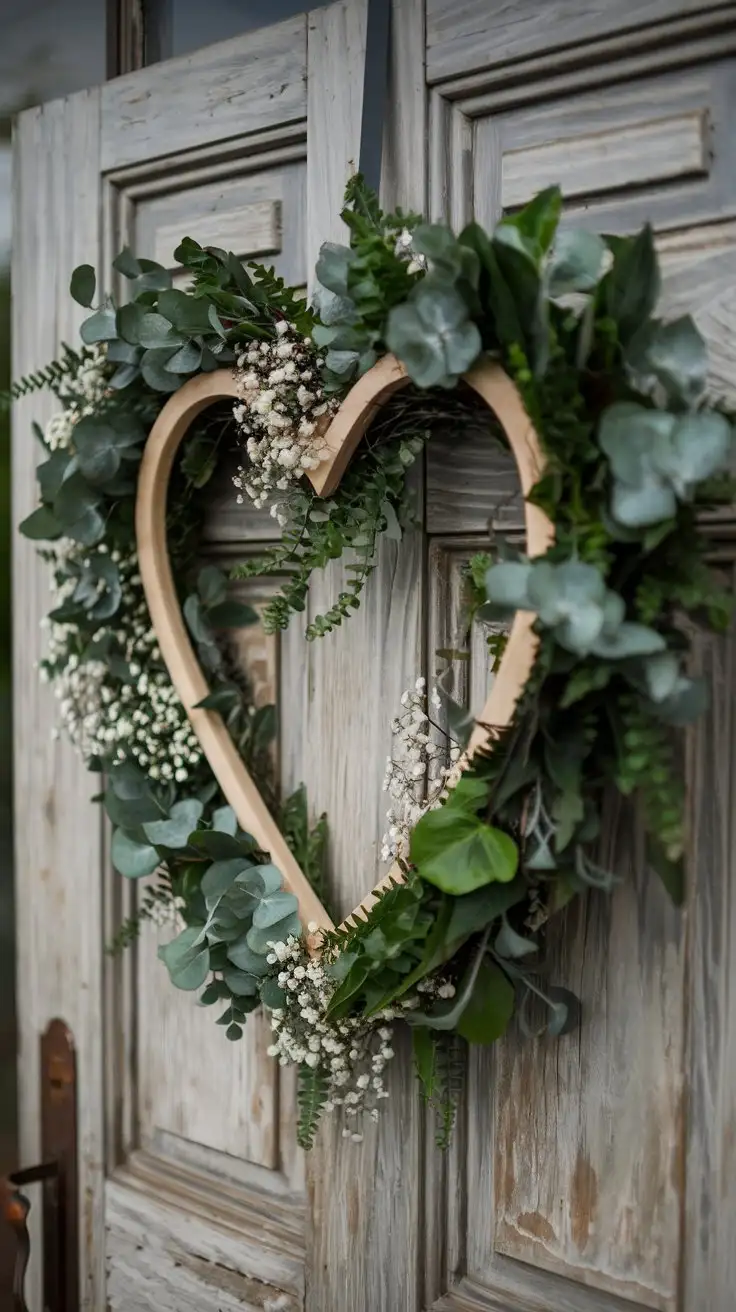 Botanical heart wreath, lush green foliage, eucalyptus, ferns, and ivy, interspersed with delicate white flowers like baby's breath, natural wood heart frame, hanging on a rustic wooden door, soft natural light, shallow depth of field --ar 1:1 --style raw --v 6.0