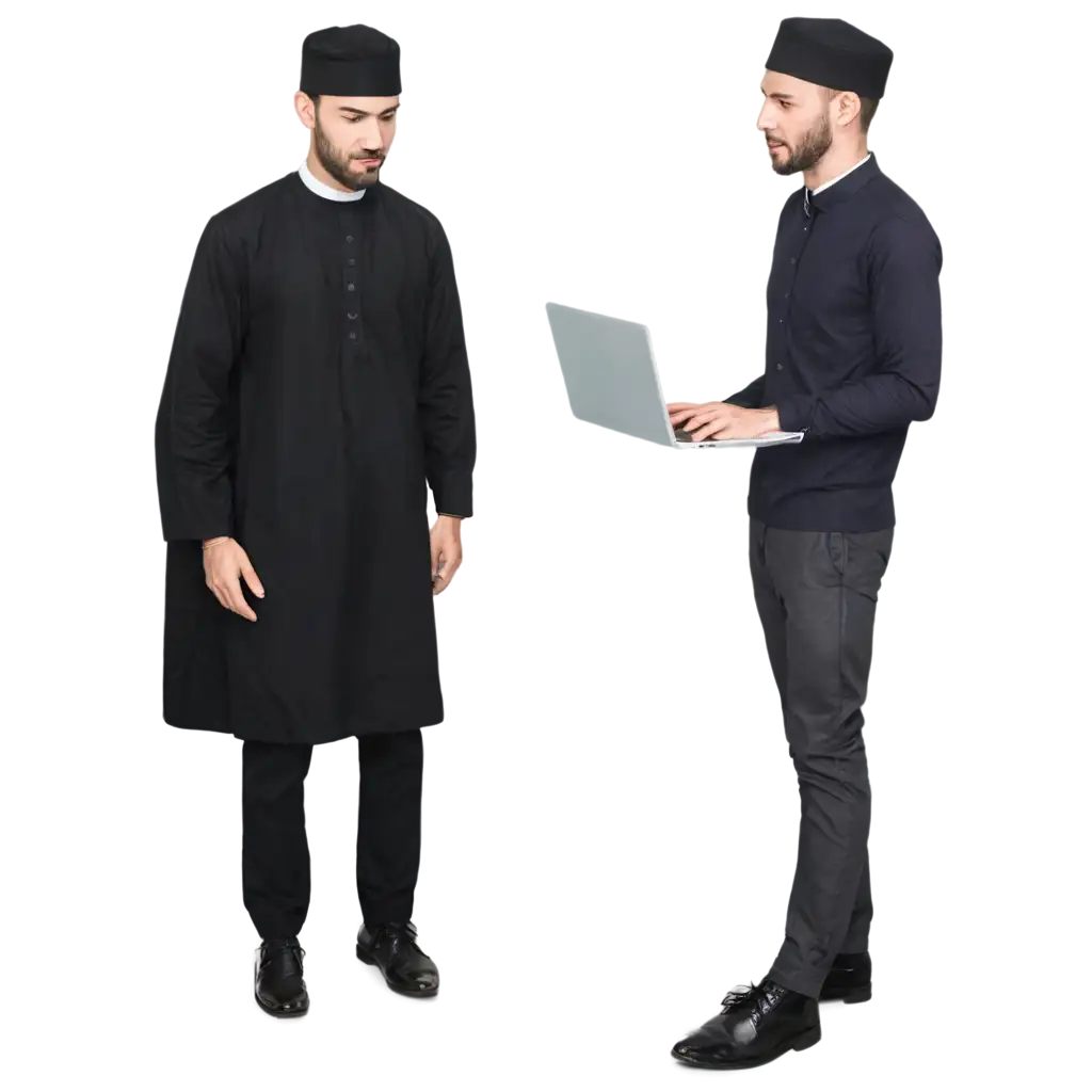 PNG-Image-of-a-Male-Teacher-in-Madrasah-Wearing-Black-Peci-with-Laptop-Showing-EMIS