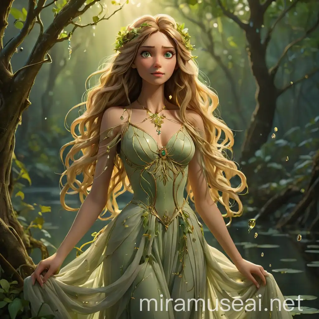 Ethereal Forest Spirit Sylphara with Shimmering Gown and Tree Pendant