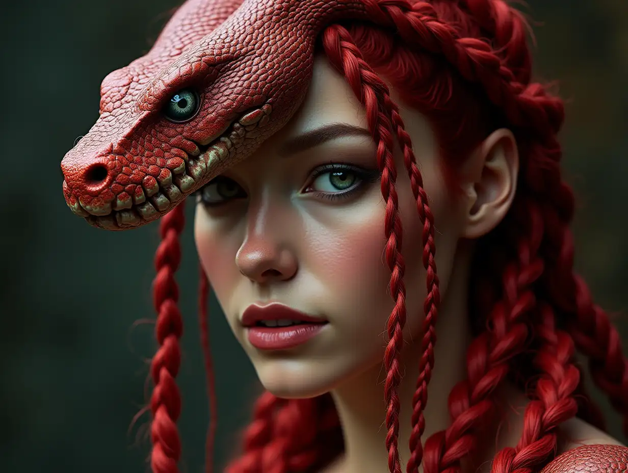 ultradetailed hyperrealistic woman with snake head,with red braids red boots with flawless attention to texture, surface and lighting, to give depth, dimension and a photorealistic look.