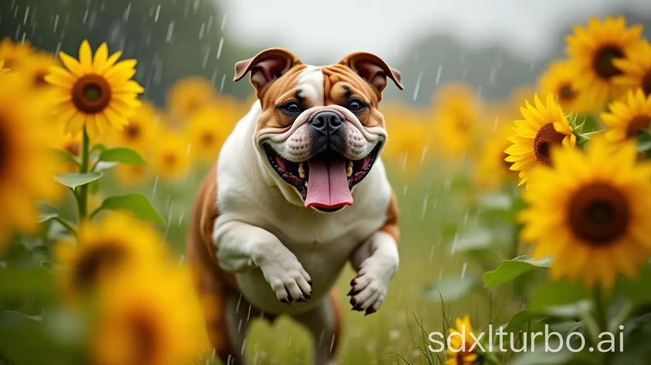 A Happy bulldog dancing in the summer rain. He is in a field of Sunflowers.