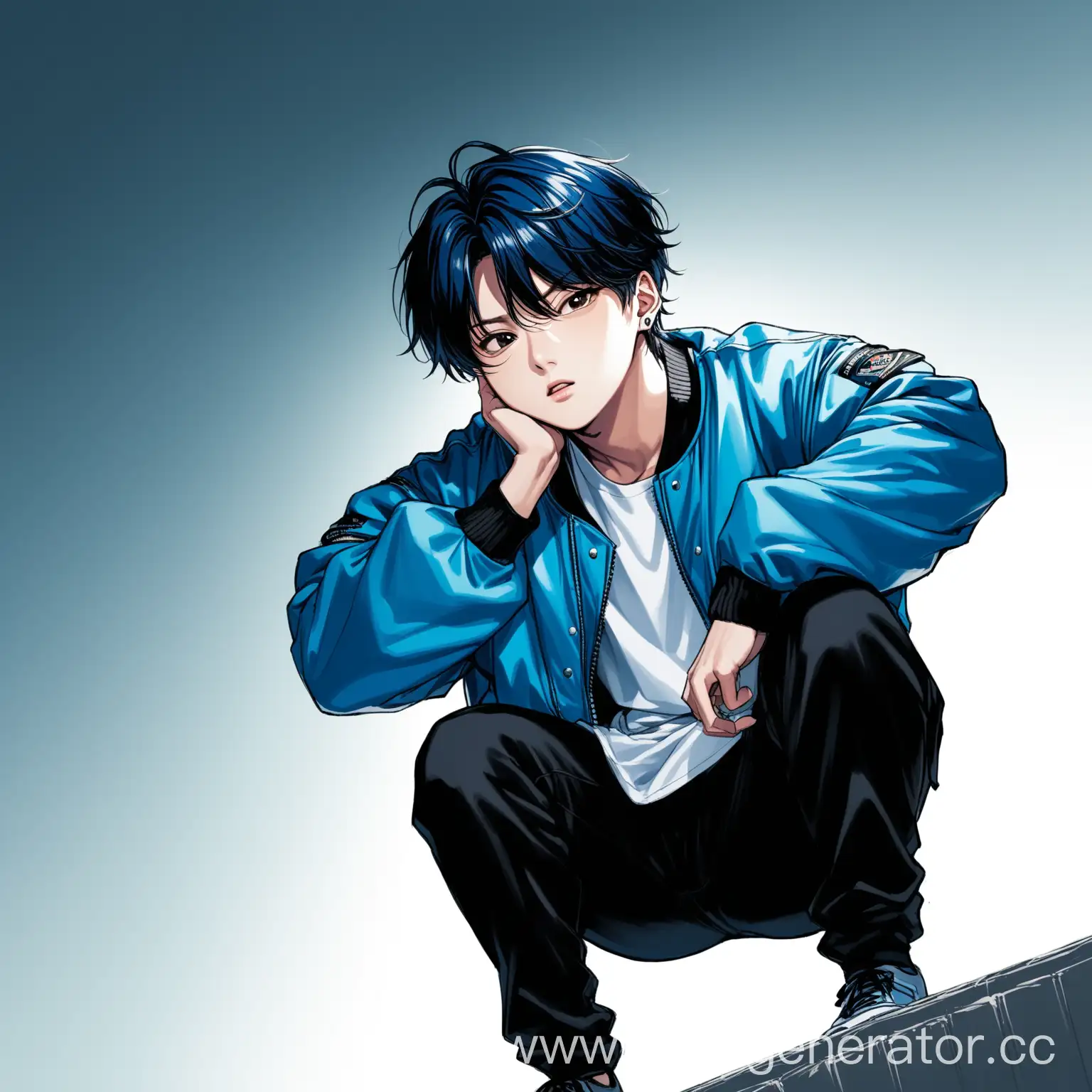 art drawn drawing, jungkook from BTS, jungkook facial features from BTS,
jungkook is sitting in a blue oversize bomber jacket, jungkook is squatting, bottom view, camera from below, jungkook is looking up and down, tilting his head, look sly and evil, blue hair, black pants
