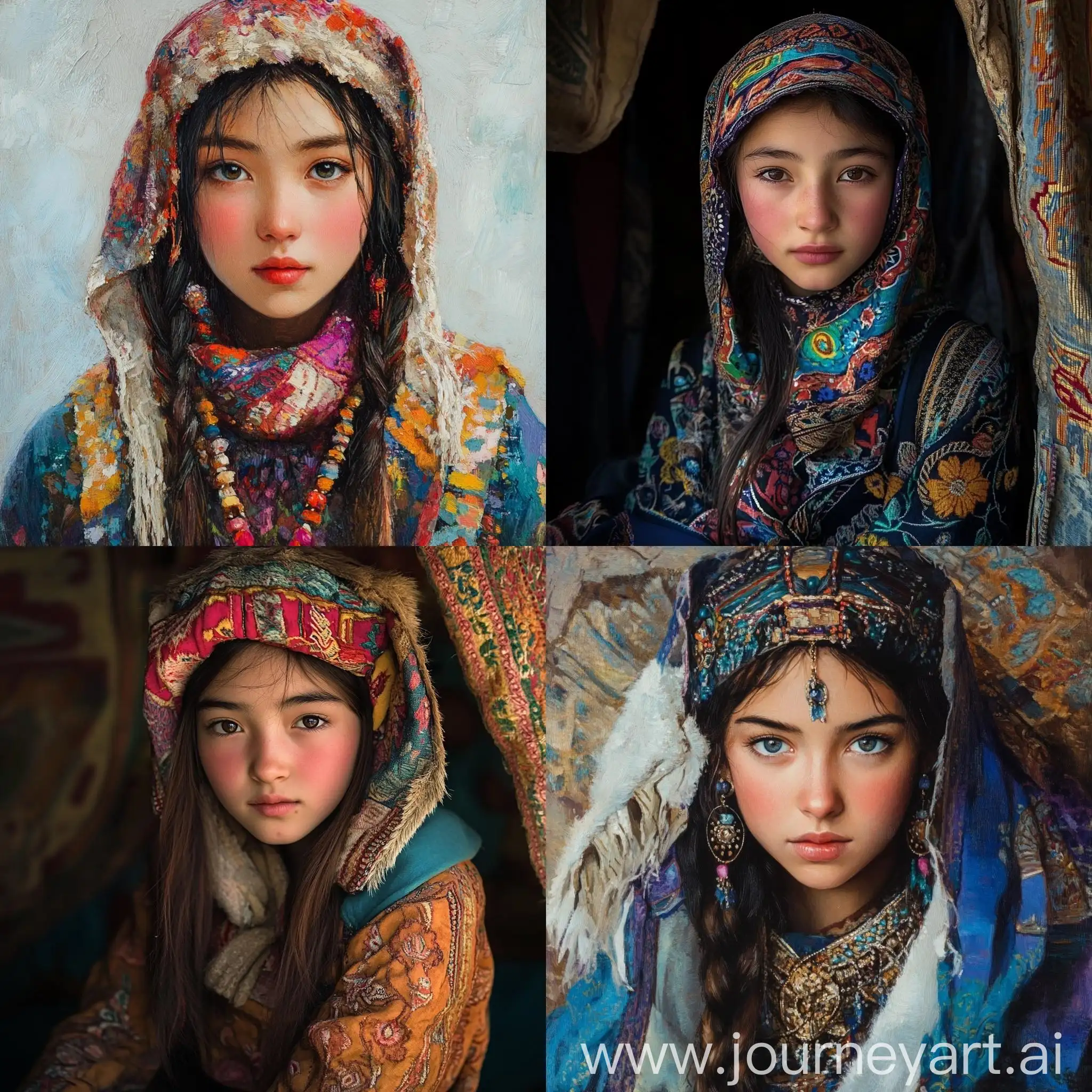 Kazakh-Girl-in-Traditional-Attire-with-Floral-Embroidery