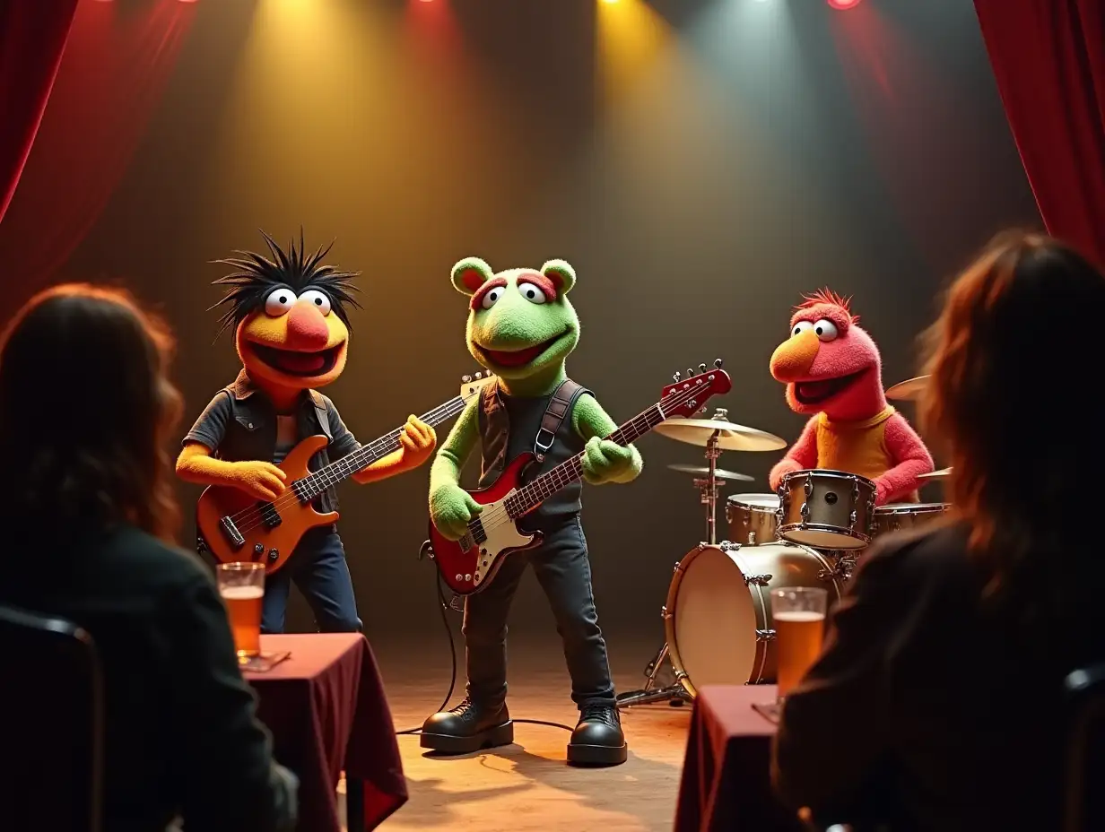 A muppet style picture of three musicians playing rock music on a stage with spotlight. The play rock music in front of an audience that are sitting at tables drinking beer and listening to the rock band. A base player playing a base guitar. An electric guitar player playing guitar. An drum player, like animal from muppet show, playing on drums.