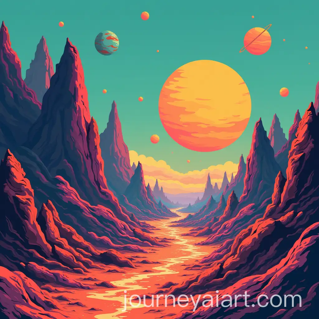 Extraterrestrial-Landscape-with-Whimsical-Rocky-Mountains-and-Giant-Sun
