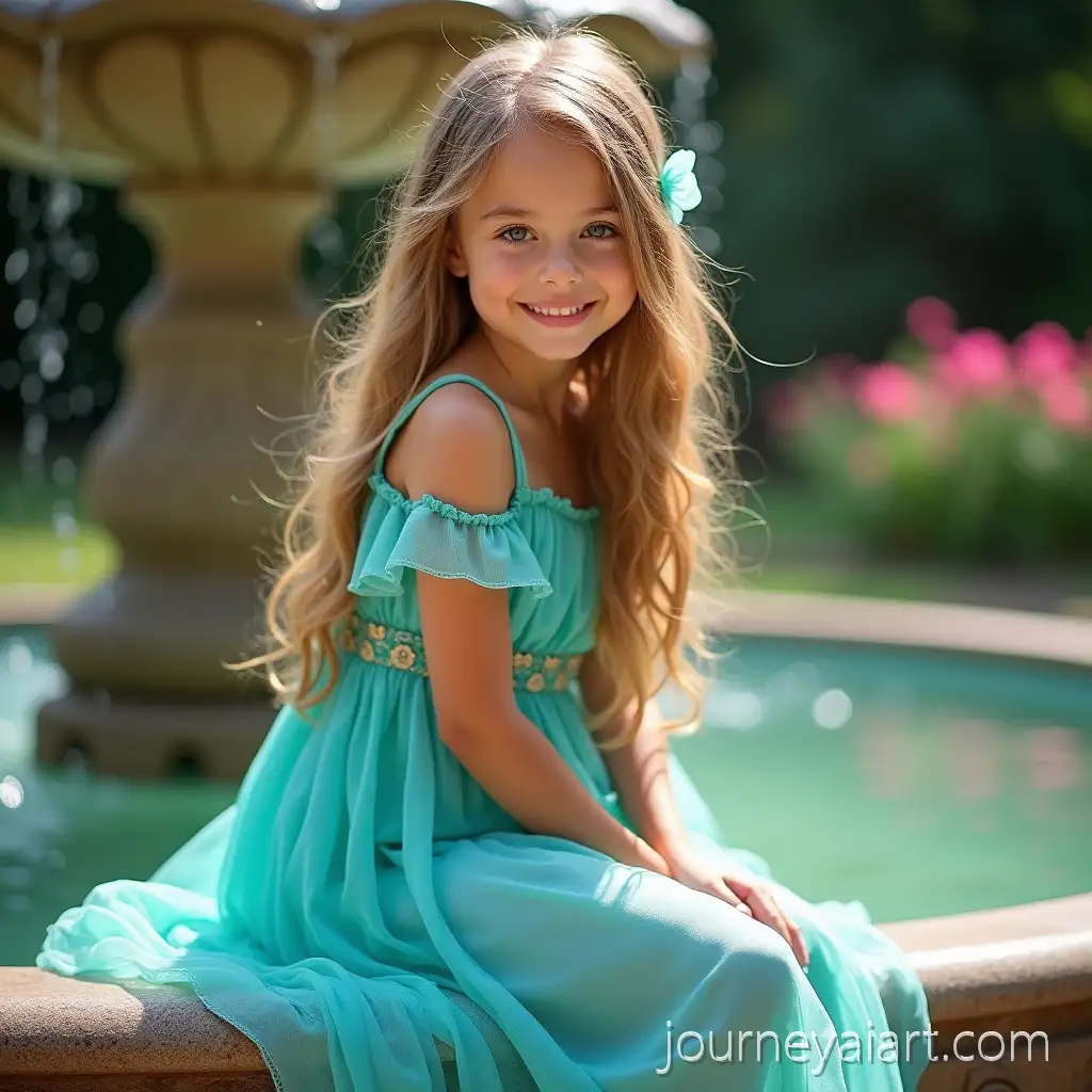 Beautiful-Girl-in-Turquoise-Dress-Sitting-by-Fountain-Surrounded-by-Flowers-and-Greenery