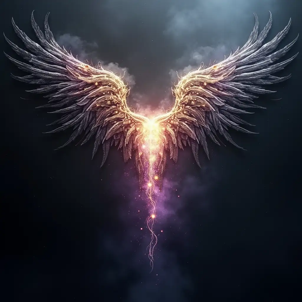 A fusion of industrial and fantasy styles, with a dark, cold metallic upper half in shades of black, gray, and silver, representing Linkin Park's electronic and industrial vibe. The lower half transitions into a dreamy, ethereal realm with purple, deep blue, and gold tones, symbolizing Nightwish's symphonic, fantasy themes. The center features a glowing, mechanical wing merging with a delicate, glowing ethereal shape, creating a stark contrast between technology and nature. Add subtle textures like smoke, fog, and glowing lights to enhance the mystical, yet gritty atmosphere.