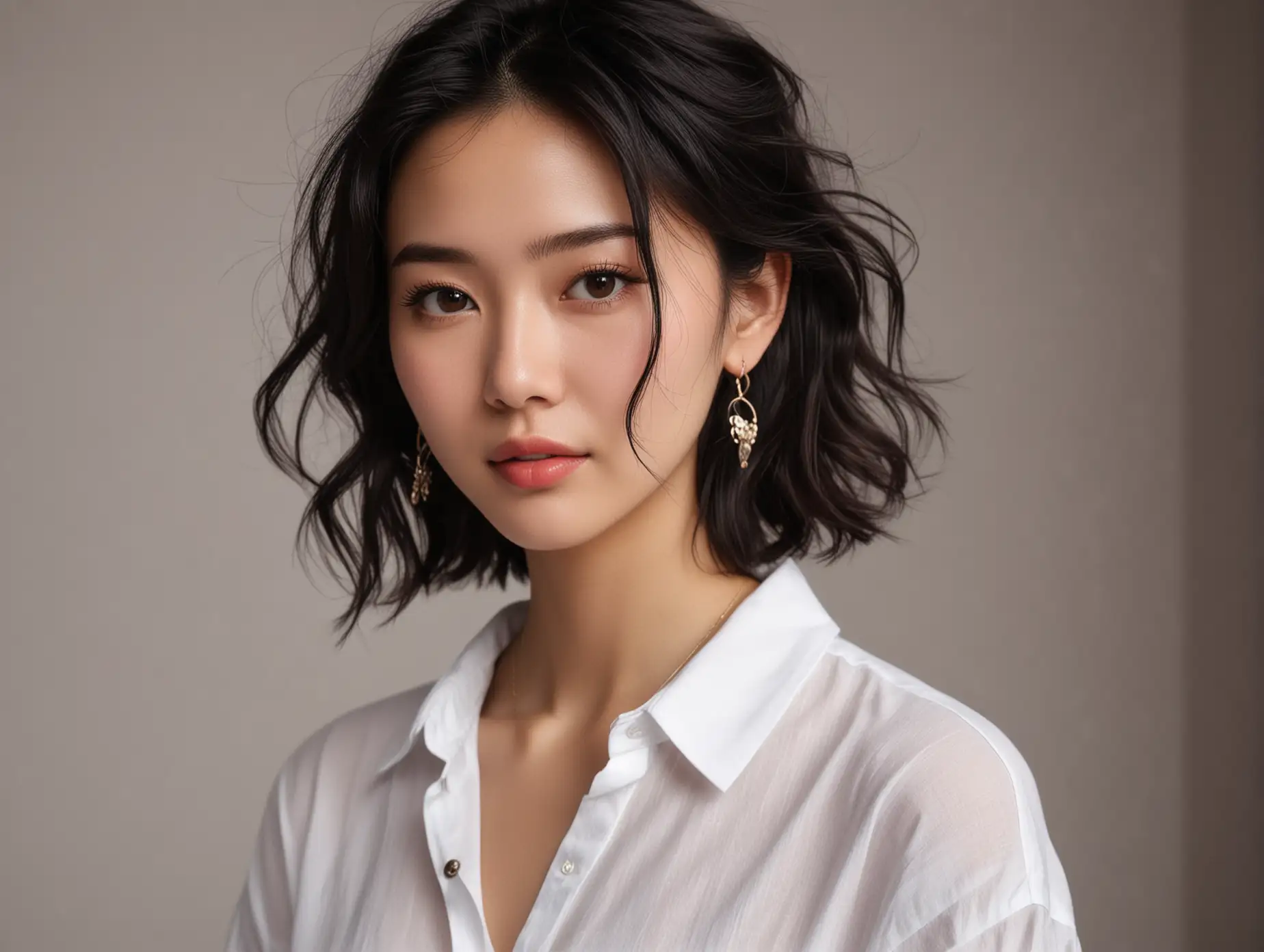 Portrait-of-a-Chinese-Girl-with-Wavy-Black-Hair-and-Earrings-in-Minimalist-Style