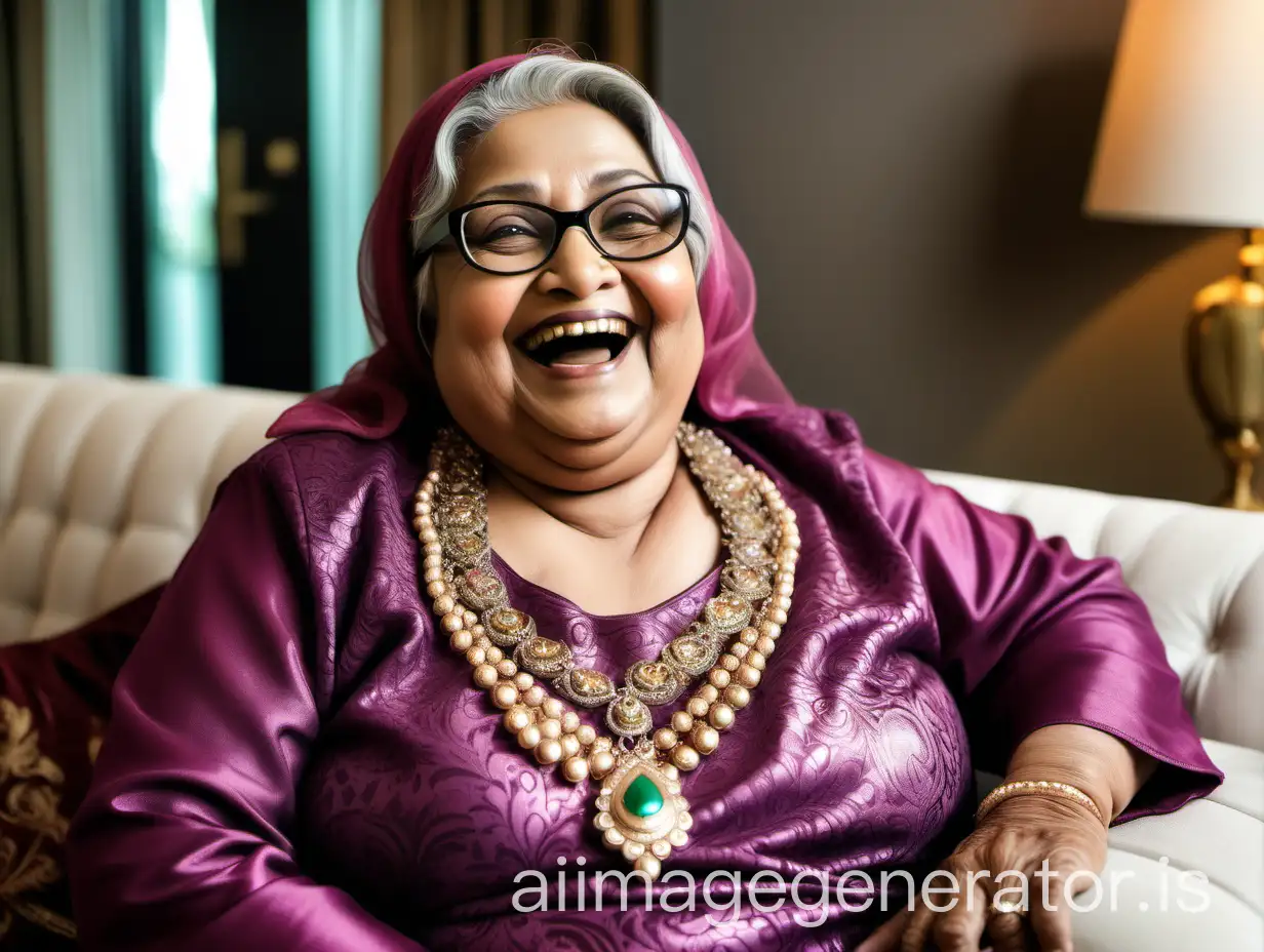 an Bangladeshi Muslim fat mature curvy woman with spectacles, with makeup having age 67 years old ,wearing ornaments , she is happy and laughing, sitting on a big sofa ,in a luxurious hotel