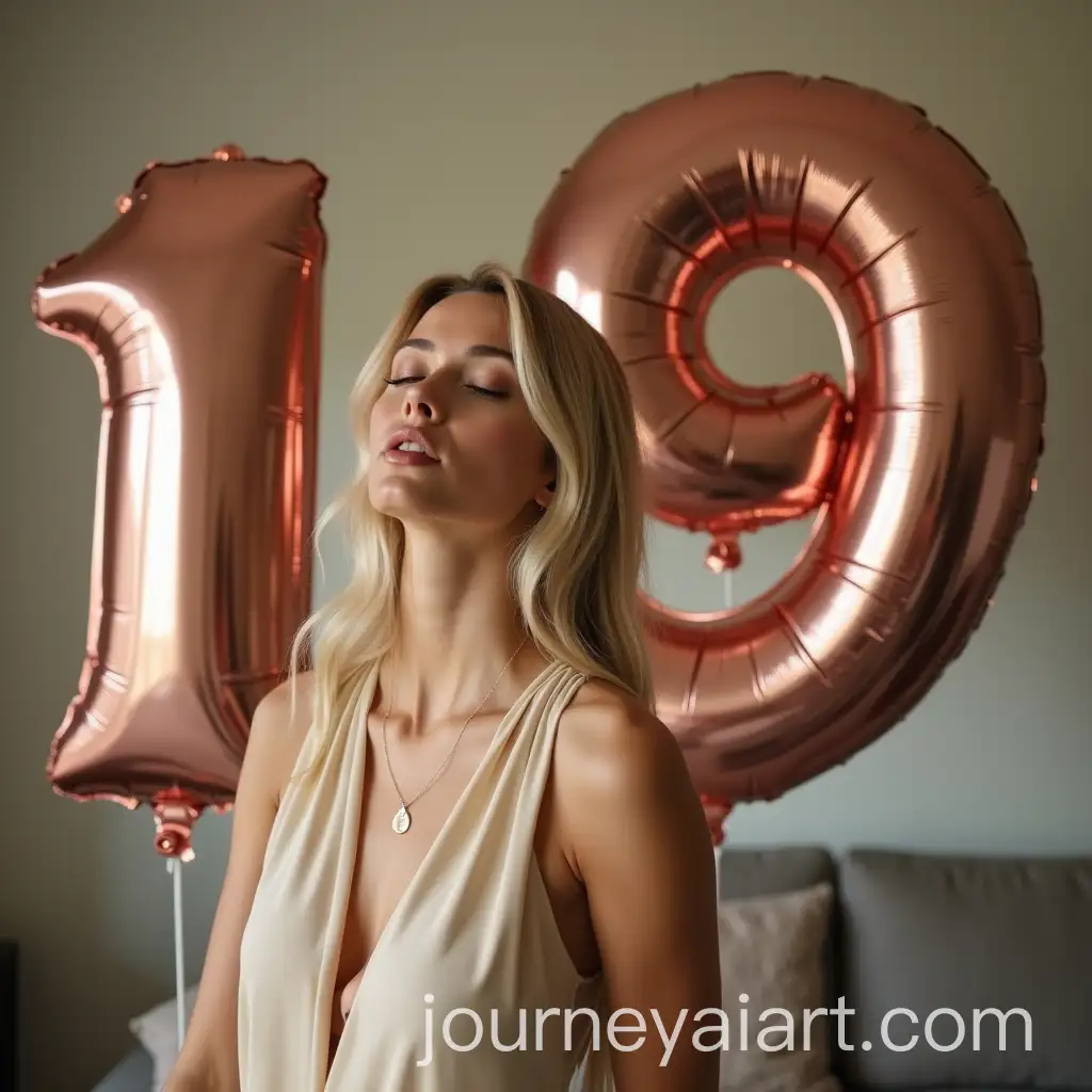 Young-Woman-in-Beige-Evening-Dress-Posing-with-Inflatable-Number-Balloons-at-Birthday-Celebration