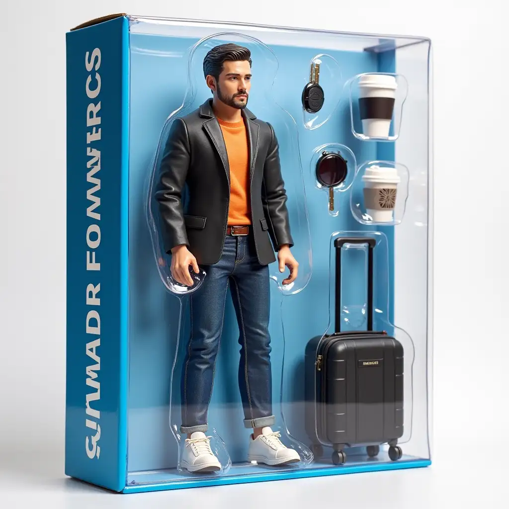Create an action figure of me in a transparent plastic blister pack. The figure should be full size. The box should be blue. In large letters on the box it should say OWNER OF OMODA C5. Next to the figure there should be accessories: car key, mobile phone, coffee cup, sunglasses, suitcase.