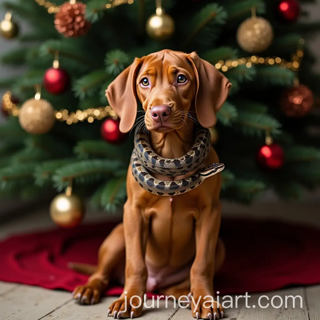 Vengean-Vizsla-Dog-with-Python-Around-Neck-Sitting-Under-Christmas-Tree