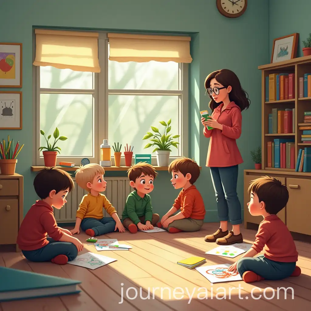 Kindergarten-Classroom-with-Children-Drawing-and-Teacher-Comforting-a-Crying-Student