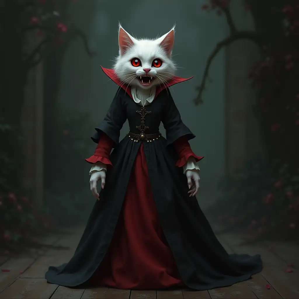 realistic slit-throat hungry white-haired cat vampire Dracula with vampiric fangs and red eyes with black circles under eyes in medieval female clothing Dracula stands full height on the floor