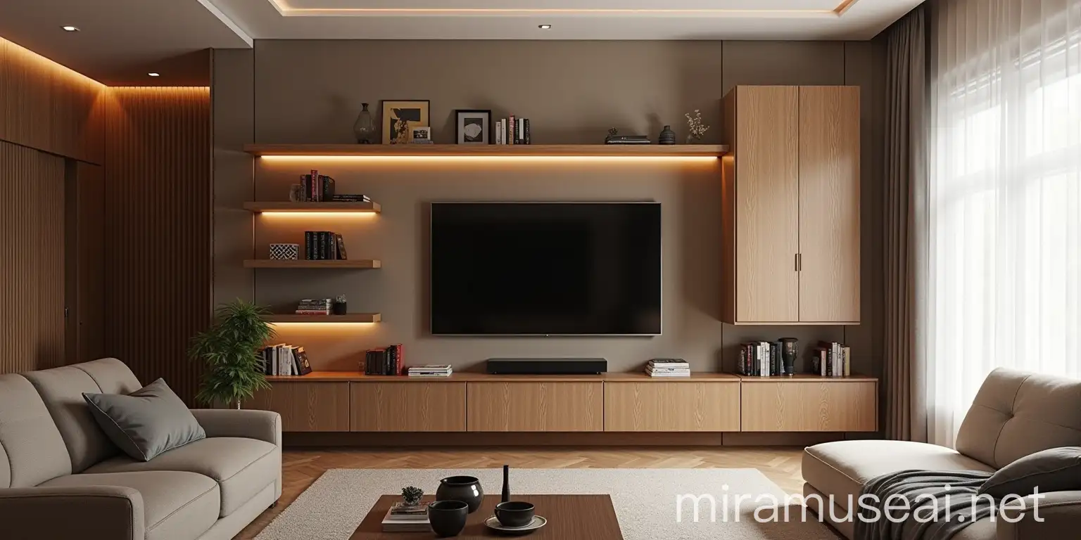 1920s Czechoslovakia Style Living Room with LCD TV and Wood Shelves