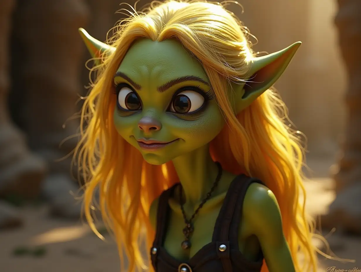 Young black and white patterned Shrek with a young black-white patterned Alien face, long neck, sharp chin with golden hair, with a slight smile on his face emphasizing her smile, modern, in a temple of many shades of gold 4k Alien face, with yellow hair, with a slight anger on her face, emphasizing her anger, on a rock 4K resolution