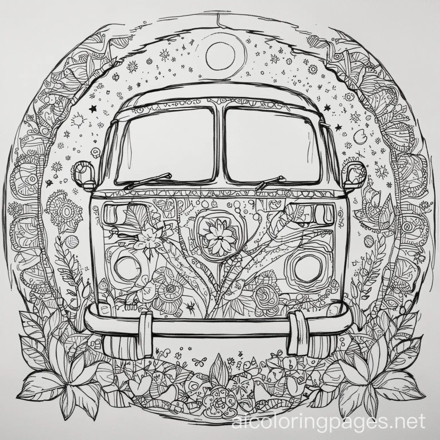 hippie style positive vibe colouring in page, Coloring Page, black and white, line art, white background, Simplicity, Ample White Space. The background of the coloring page is plain white to make it easy for young children to color within the lines. The outlines of all the subjects are easy to distinguish, making it simple for kids to color without too much difficulty