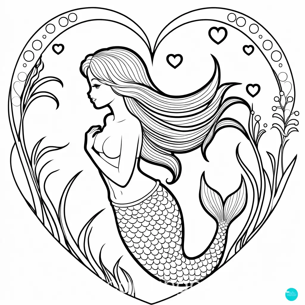 Heart mermaid , Coloring Page, black and white, line art, white background, Simplicity, Ample White Space. The background of the coloring page is plain white to make it easy for young children to color within the lines. The outlines of all the subjects are easy to distinguish, making it simple for kids to color without too much difficulty