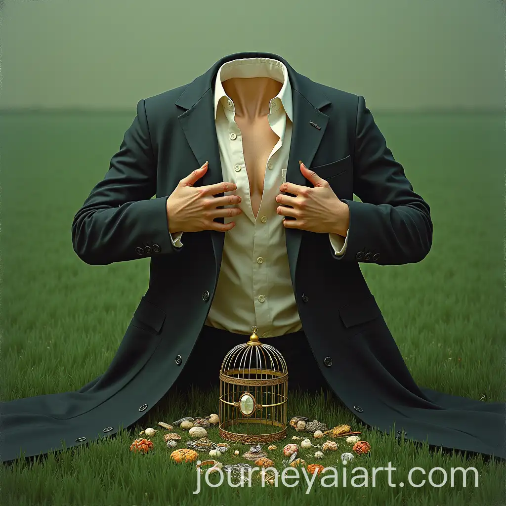 Hands-Breaking-Open-Coat-in-Green-Field-with-Jewelry-and-Cage