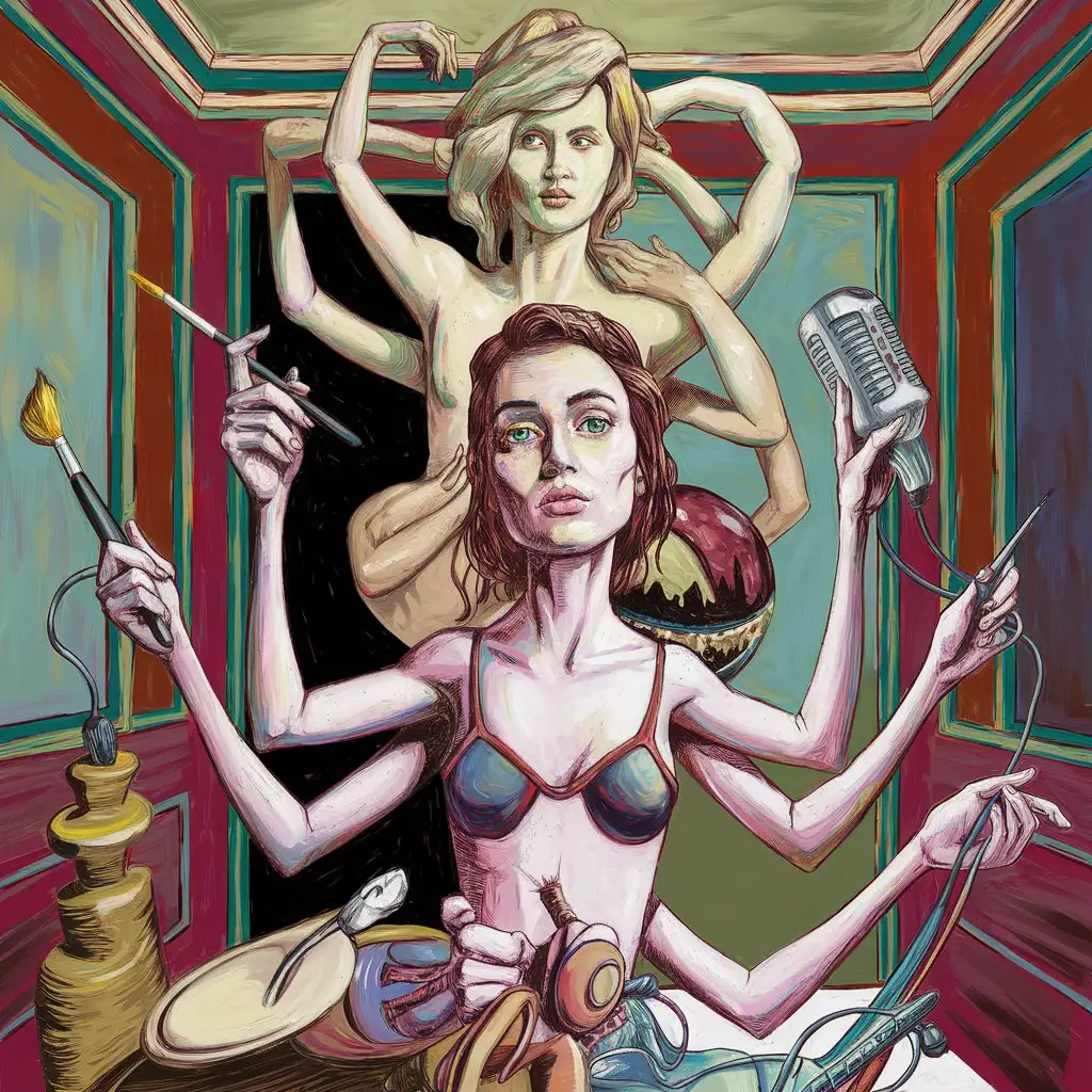 First I tried to be a poet, then a singer. And now I'm a sculptor, I feel like a sculptor, or at least a dancer. A clear, detailed illustration, incredibly complex. Surreal. Thin contours, rich colors