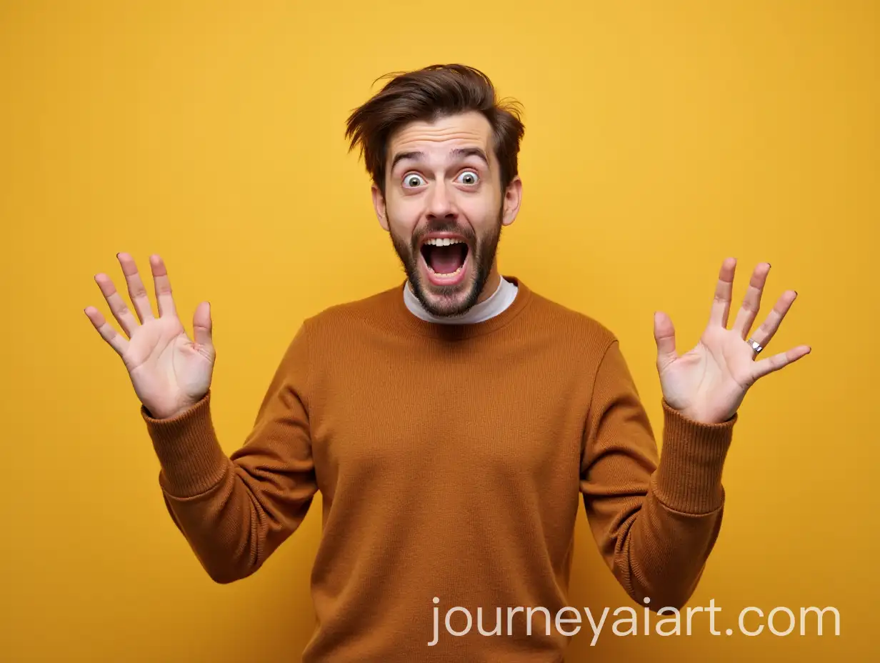 Young-Man-Expressing-Surprise-with-Hands-Spread-in-Brown-Sweater