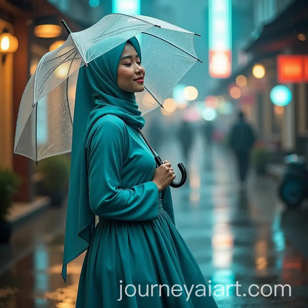 Asian-Muslim-Woman-in-Modest-Fashion-on-Rainy-City-Street-with-Umbrella