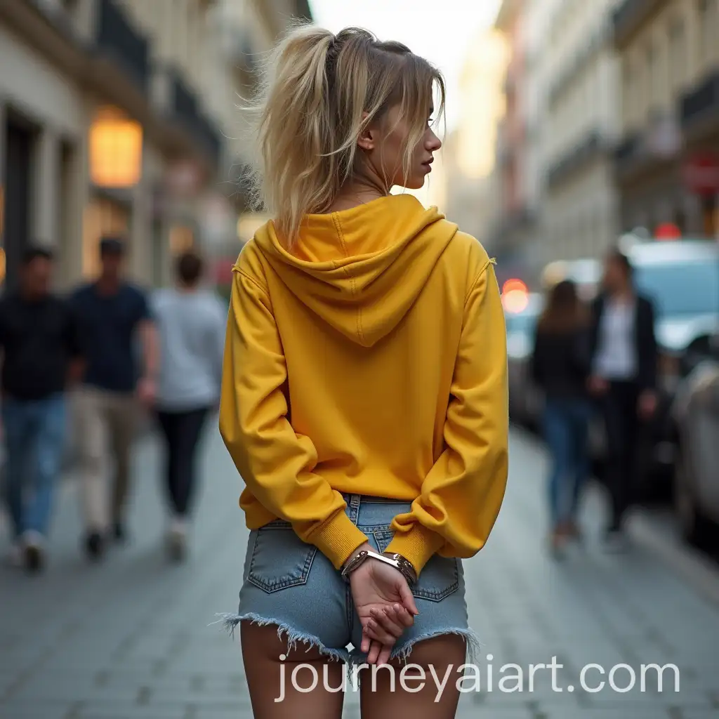Sad-Girl-in-Yellow-Hoodie-and-Tight-Shorts-on-City-Street