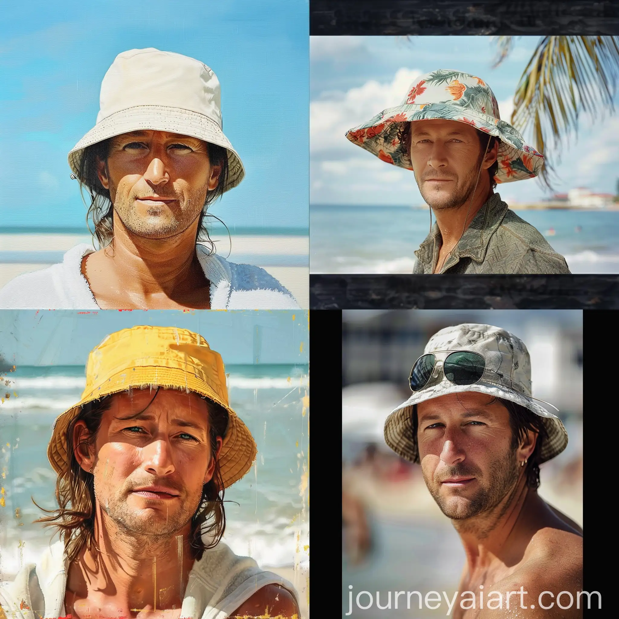 Beachgoer-with-Bucket-Hat-and-Sunscreen-Sunburned-and-Holding-Parasol