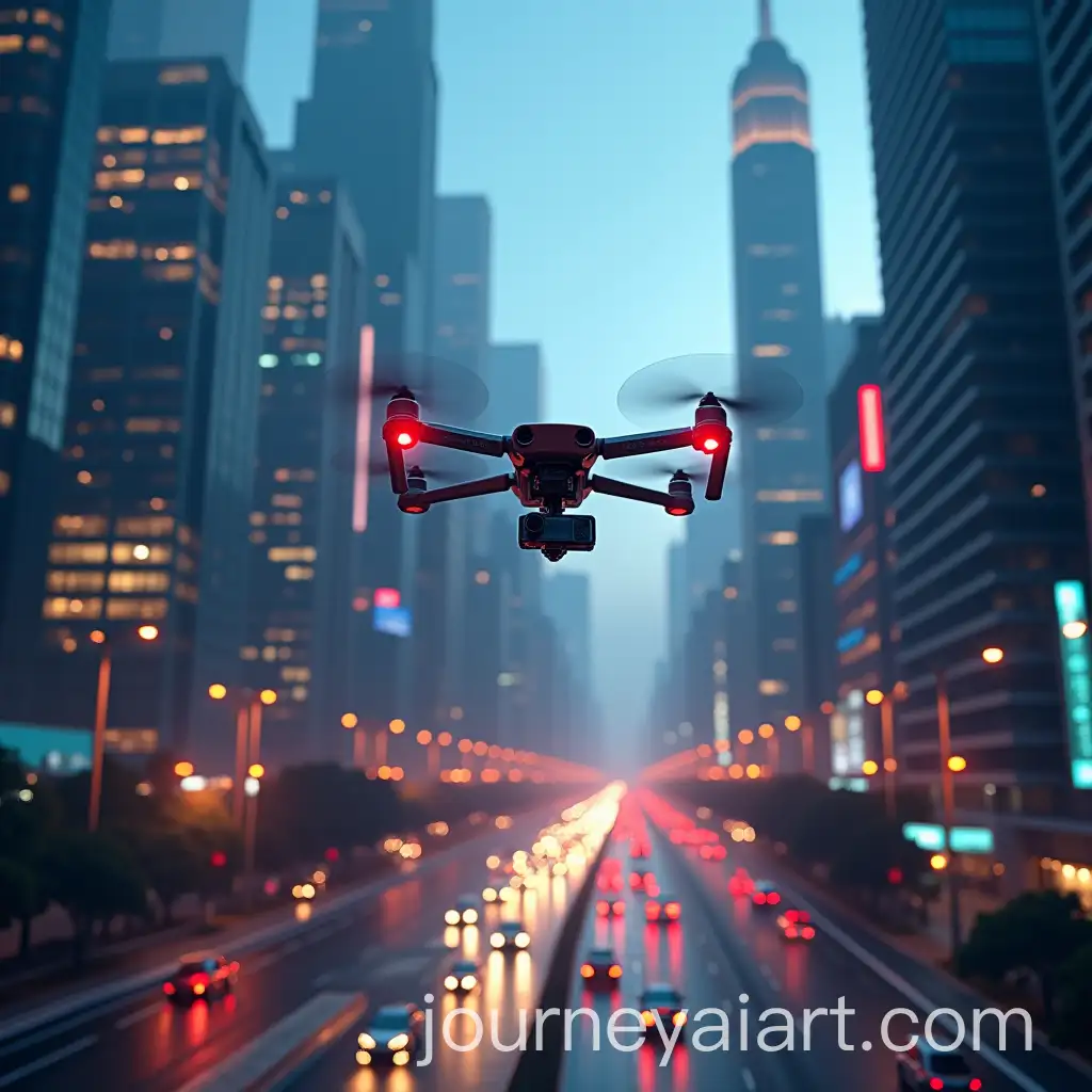 Drones-Delivering-Packages-Over-a-NeonLit-Cityscape