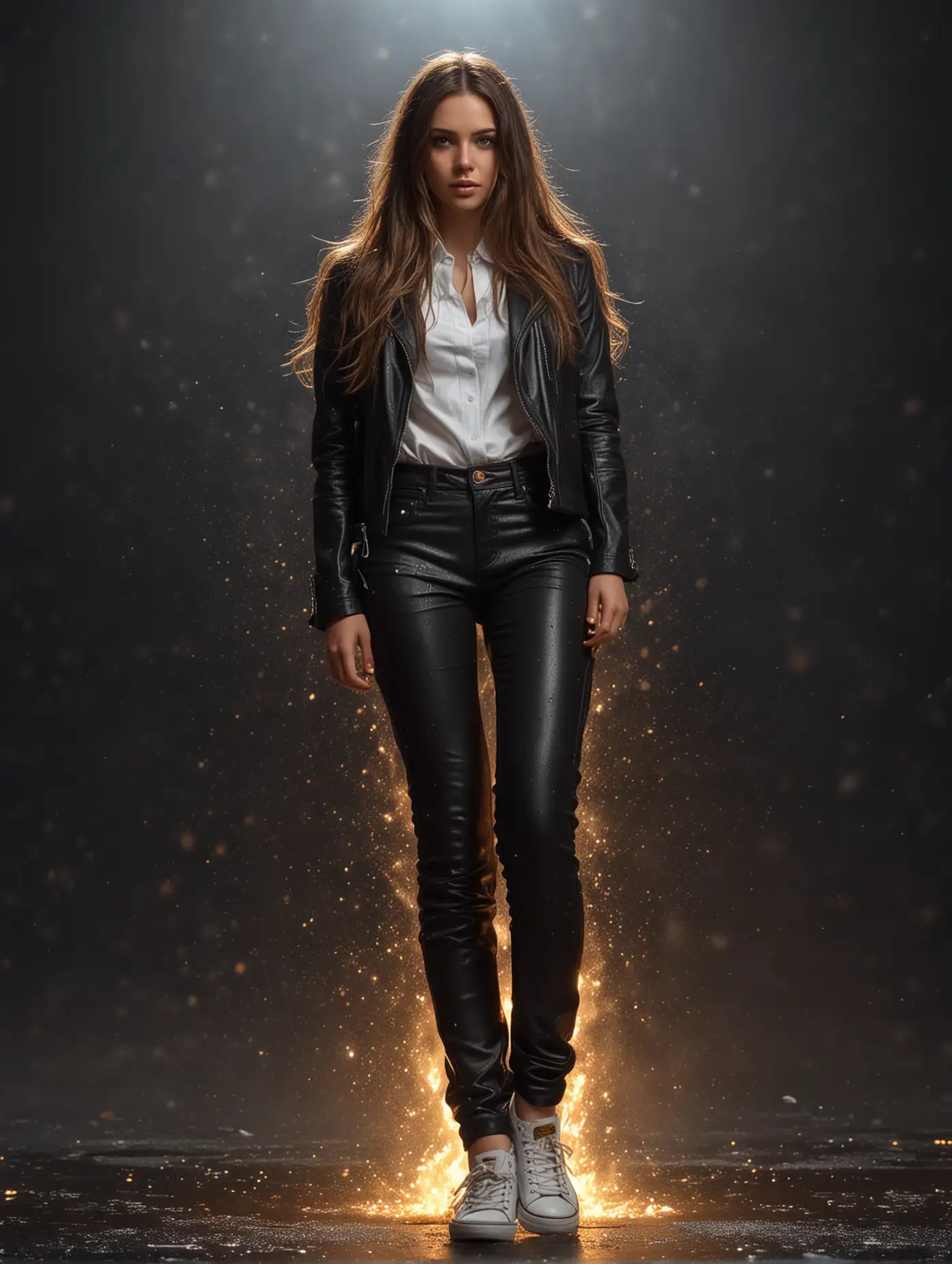 Woman-in-Black-Jacket-with-Brunette-Hair-Surrounded-by-Fire-and-Golden-Sparkling-Rain