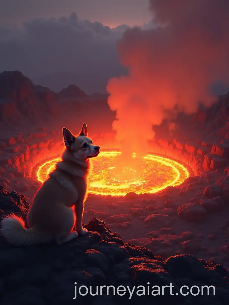 Cautious-Dog-Observing-a-Pool-of-Molten-Lava-in-a-Volcanic-Landscape